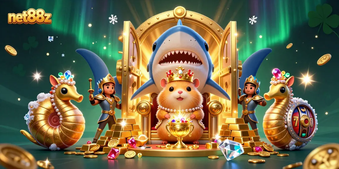 Experience thrilling wins with net88z's vibrant casino scene featuring a golden hamster king and slots.