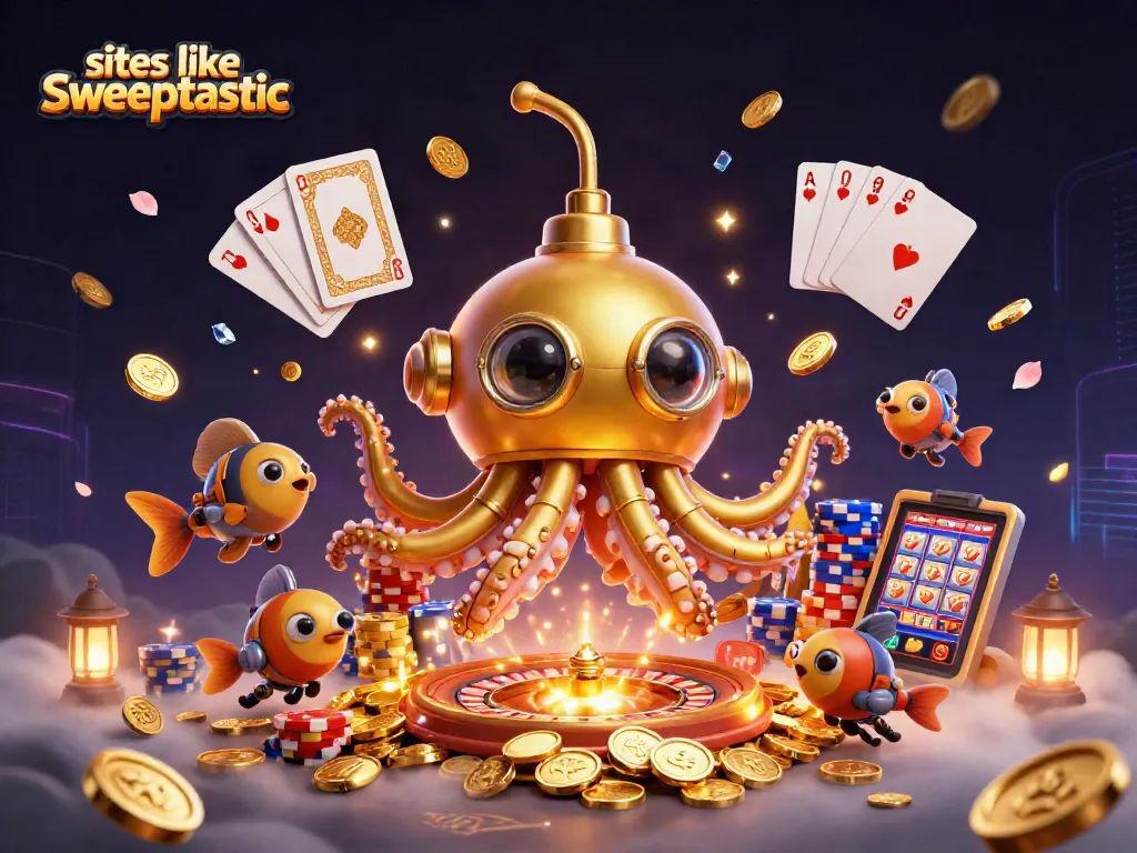 Spin and win with sites like sweeptastic featuring a dynamic underwater scene of coins and game elements.
