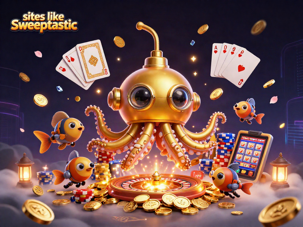 Spin and win with sites like sweeptastic featuring a dynamic underwater scene of coins and game elements.