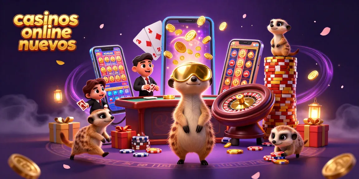 Gana en casinos online nuevos mientras juegan coloridos tragamonedas y cartas en un entorno animado.