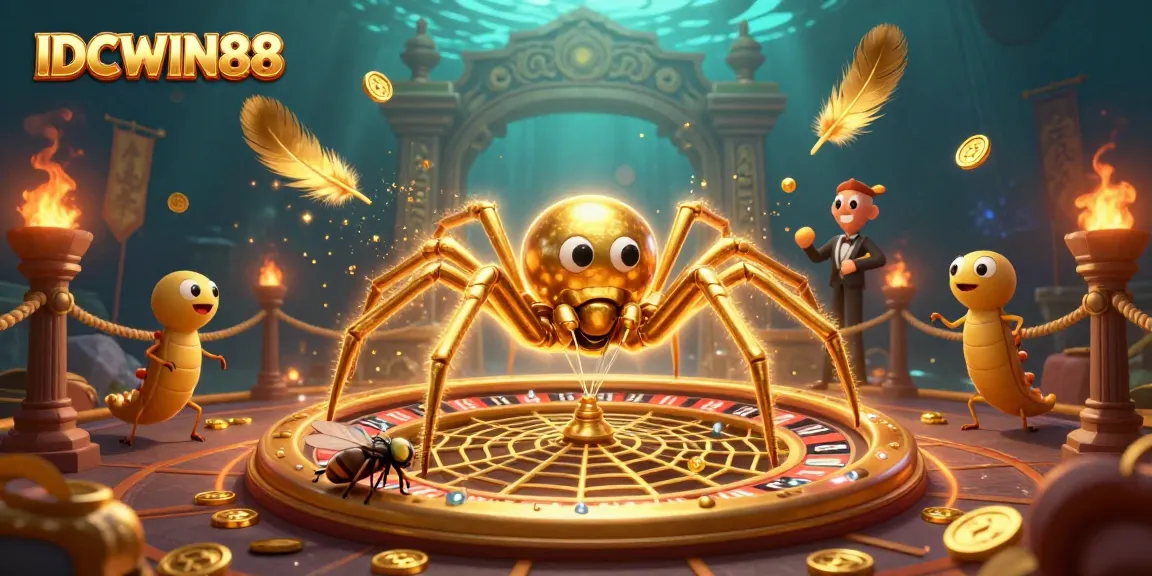 Experience thrilling bets at IDCWIN88 with a cartoon spider as the croupier and an edge-betting fly in this vibrant casino scene.