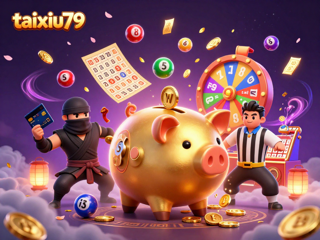 Engage in taixiu79 casino thrills with a golden piggy bank sumo wrestler amidst vibrant visuals.