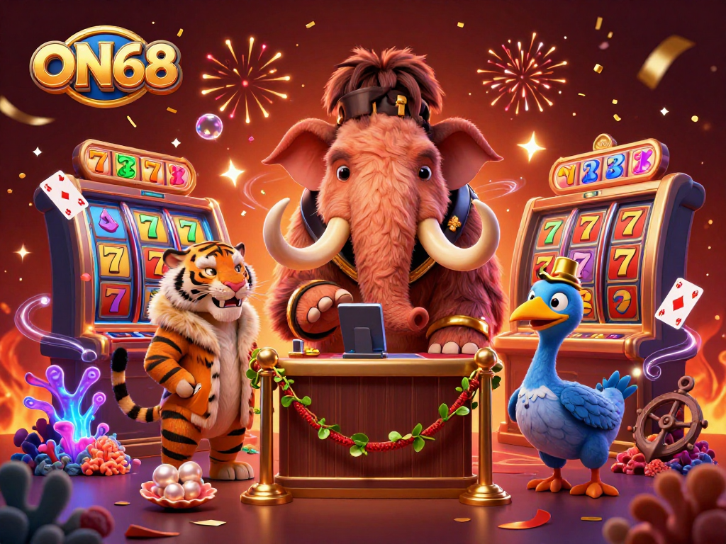 Check IDs at ON68 casino with a woolly mammoth bouncer, vibrant and detailed scene.