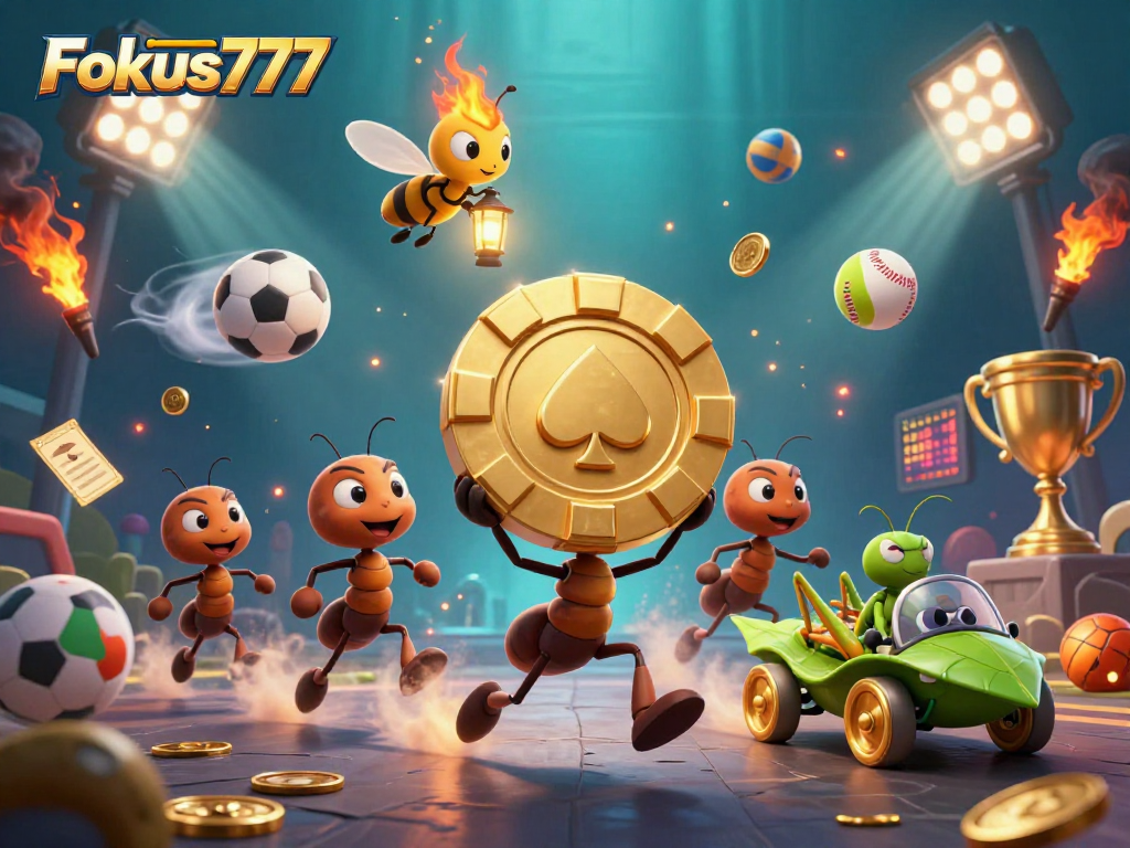 Experience thrilling action in Fokus777 with a heist of giant poker chips by cartoon ants and sports elements