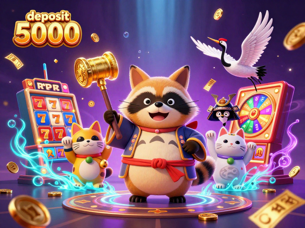 Experience the excitement of deposit 5000 with a colorful scene of a cheerful tanuki, crane, and fortune cats amidst vibrant slot elements and lottery action.