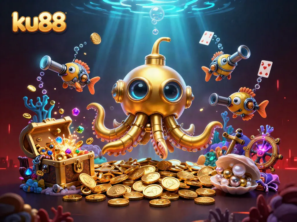 Engage with ku88's vibrant underwater casino experience featuring a kraken submarine amidst gold coins.