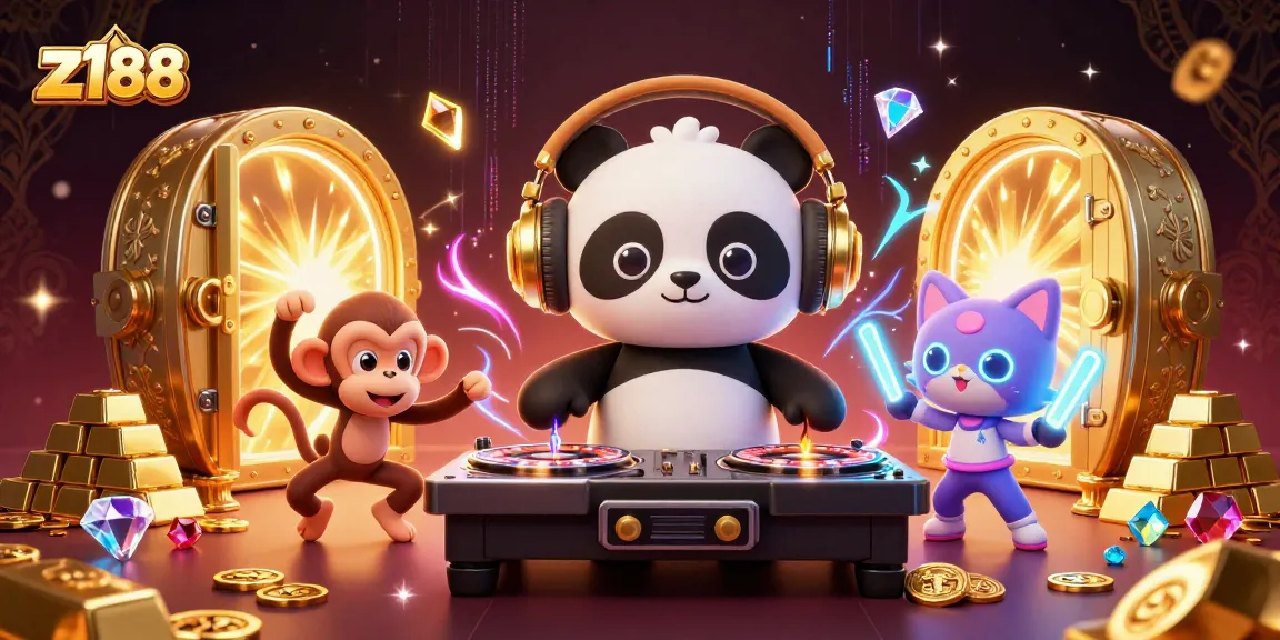 Experience the excitement of z188 with our vibrant casino scene featuring a DJ panda, dancing monkey, and glowing kitten amid treasure.