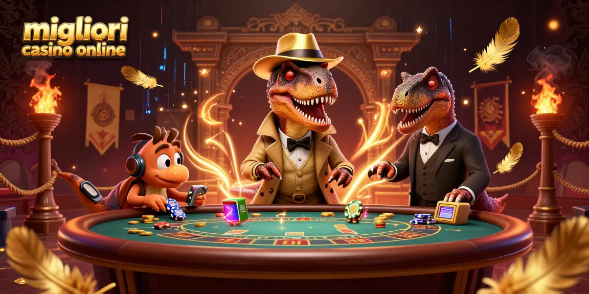 I migliori casino online animati in una scena di gioco con un velociraptor e un pit boss di stegosauro