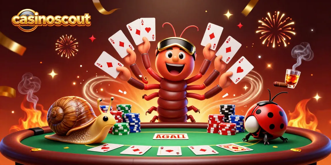 Experience thrilling gameplay at casinoscout with a festive casino scene featuring vibrant characters and poker elements.