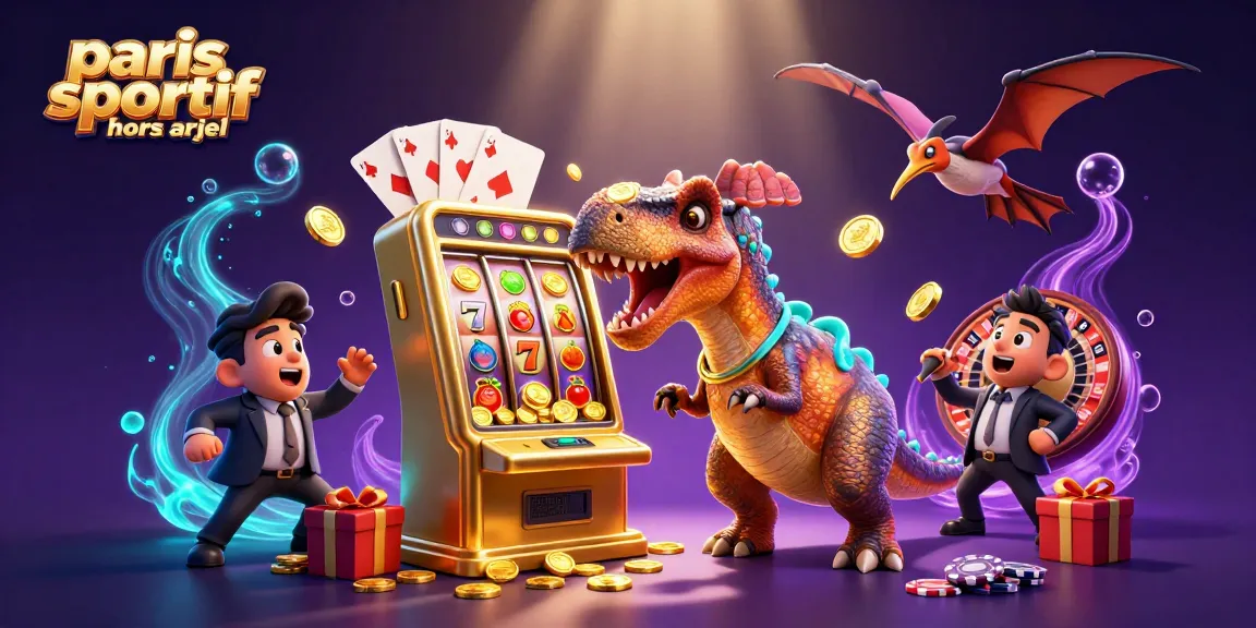 Illustration dynamique de paris sportif hors arjel avec des dinosaures dans un casino, jackpot en or!