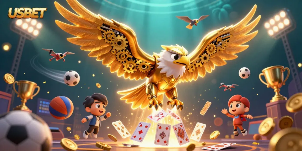 Experience thrilling sports betting dynamics with USBET's sensational 3D casino illustration featuring an eagle and sports elements.