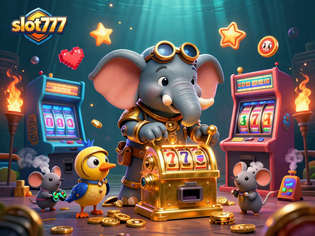 Spin the slot777 reels with a steampunk elephant engineer and vintage arcade elements.