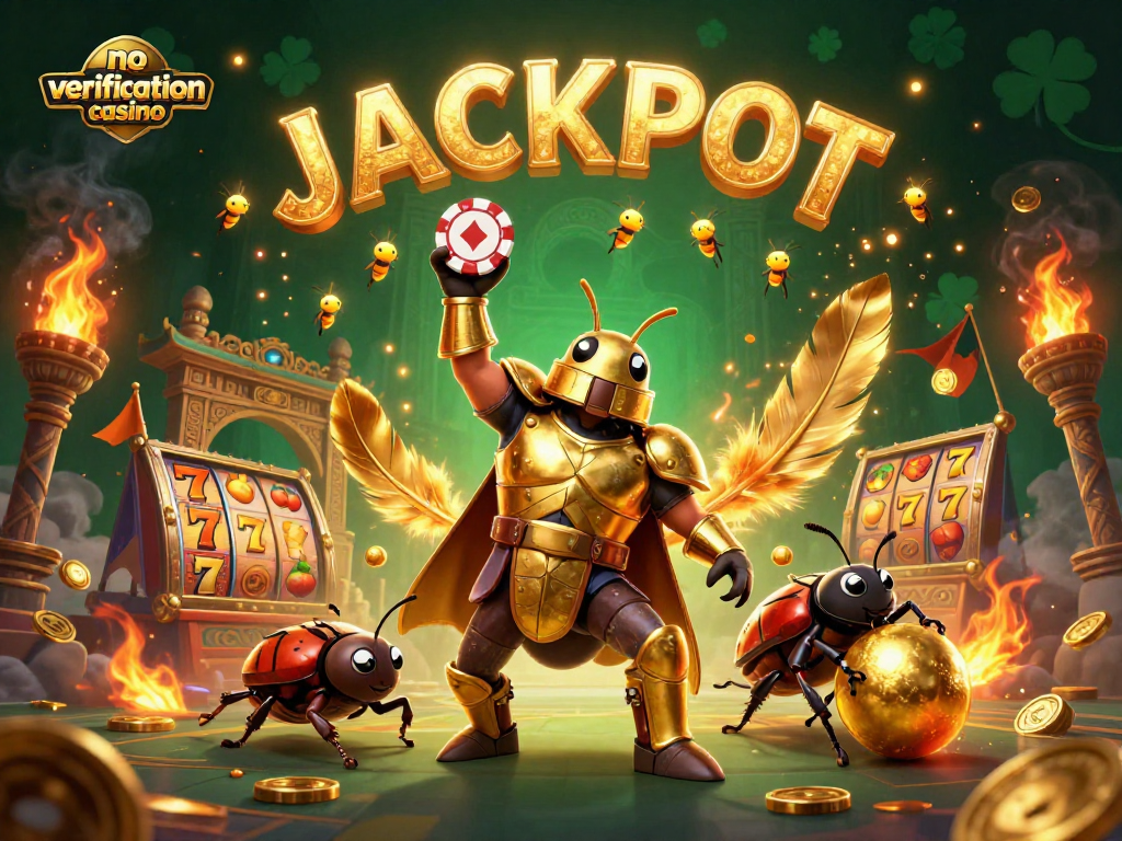Win big at a no verification casino with a heroic beetle and golden tokens amidst vibrant visuals.
