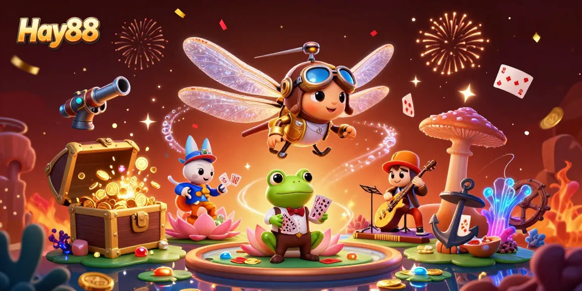 Experience thrill at Hay88 with a dragonfly pilot and a frog croupier in a vibrant casino scene.