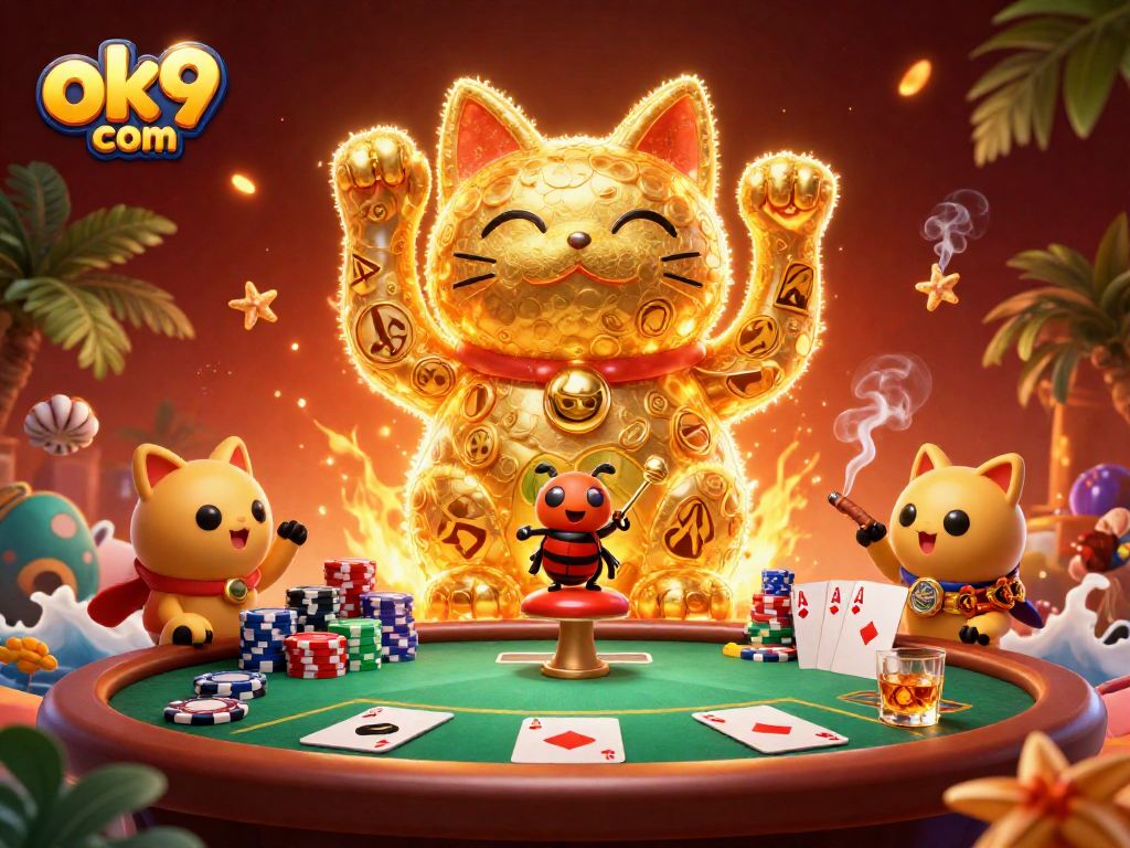 Bet on big wins at ok9 com with dynamic golden lucky cat and vibrant casino elements.