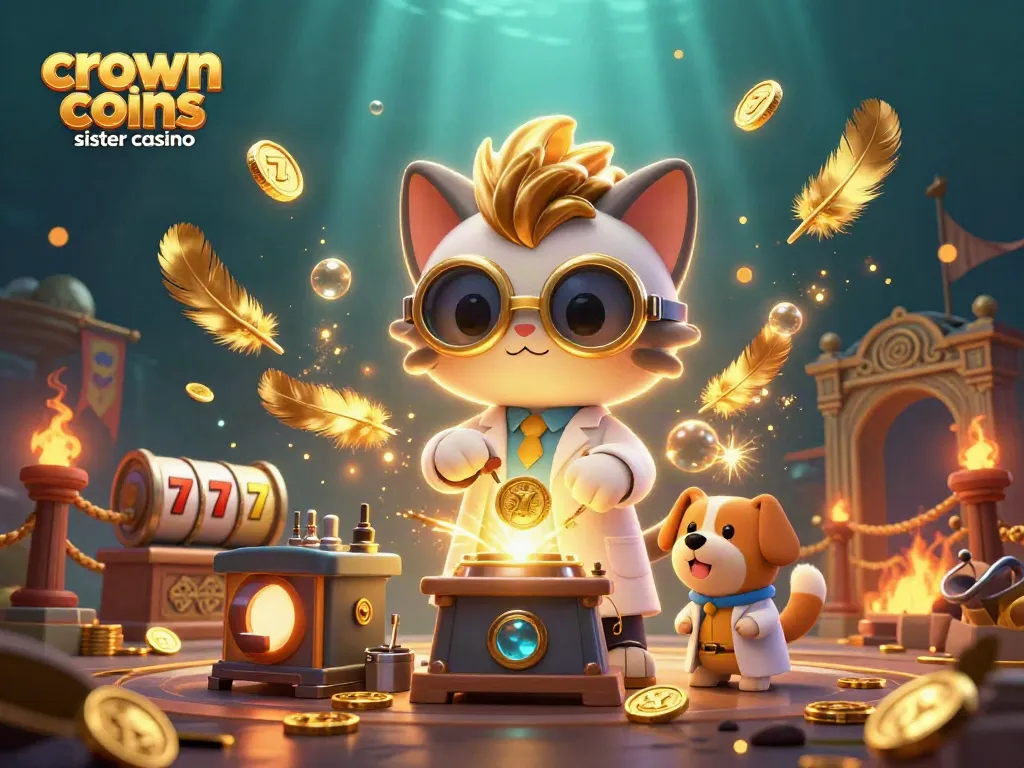 Crown coins sister casino scene with mad scientist cat and assistant in a gold coin lab, surrounded by casino elements