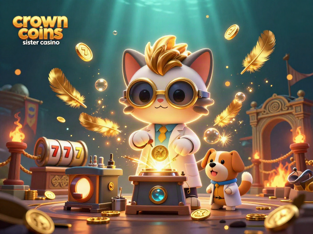Crown coins sister casino scene with mad scientist cat and assistant in a gold coin lab, surrounded by casino elements