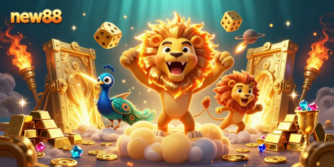 Experience new88 gaming with thrilling visuals featuring a roaring lion, golden dice, and treasures.