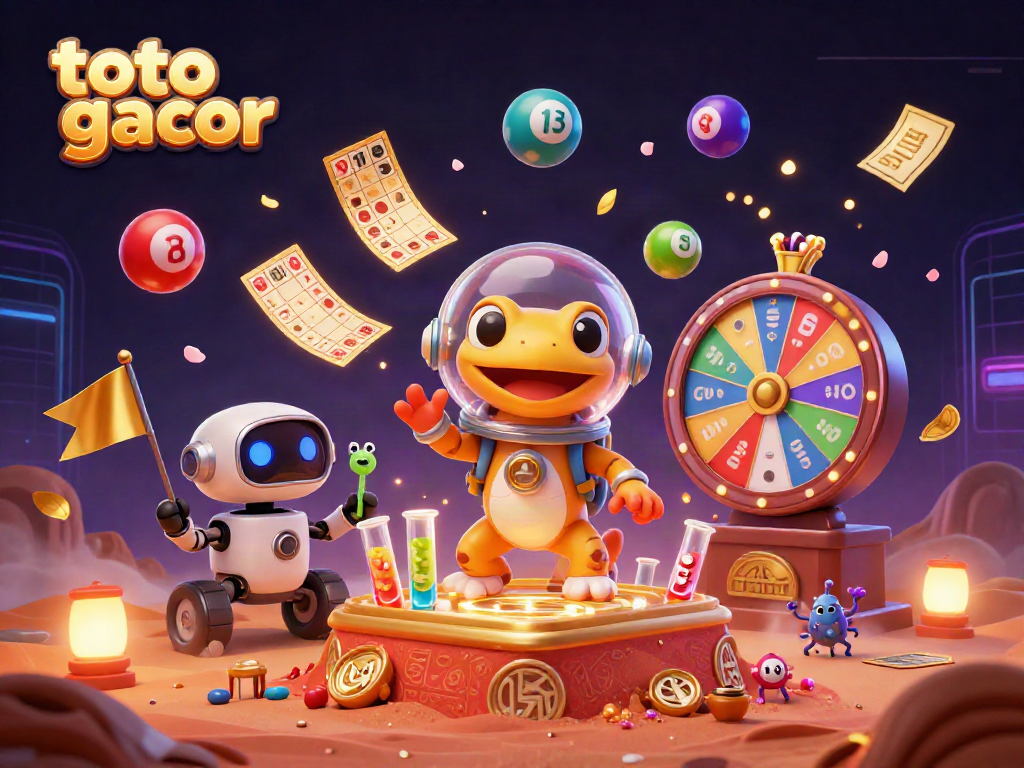 Engage in toto gacor excitement with a 3D Martian gecko discovering a golden casino amidst colorful lottery elements.