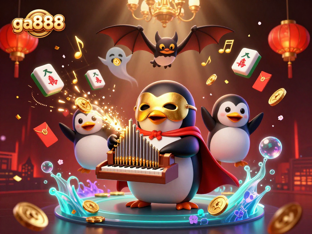 Engage with ga888's thrilling casino adventure featuring a penguin playing an organ amidst dazzling visuals.