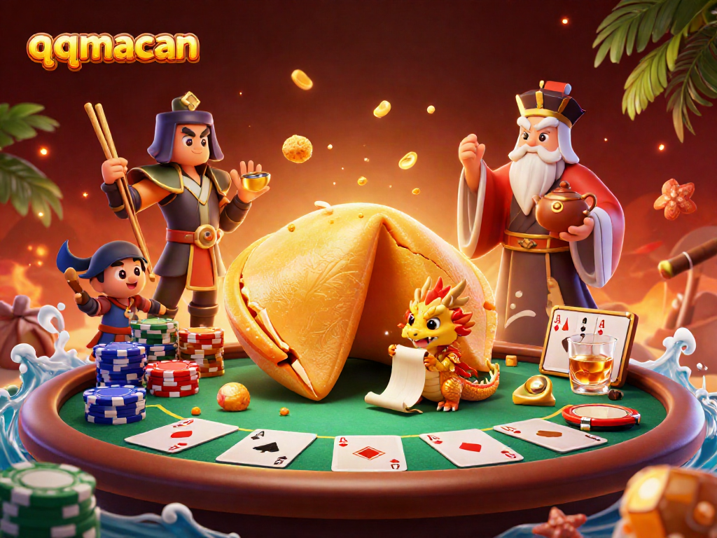 Engage with qqmacan for a thrilling casino experience featuring a dynamic scene of a giant golden fortune cookie.