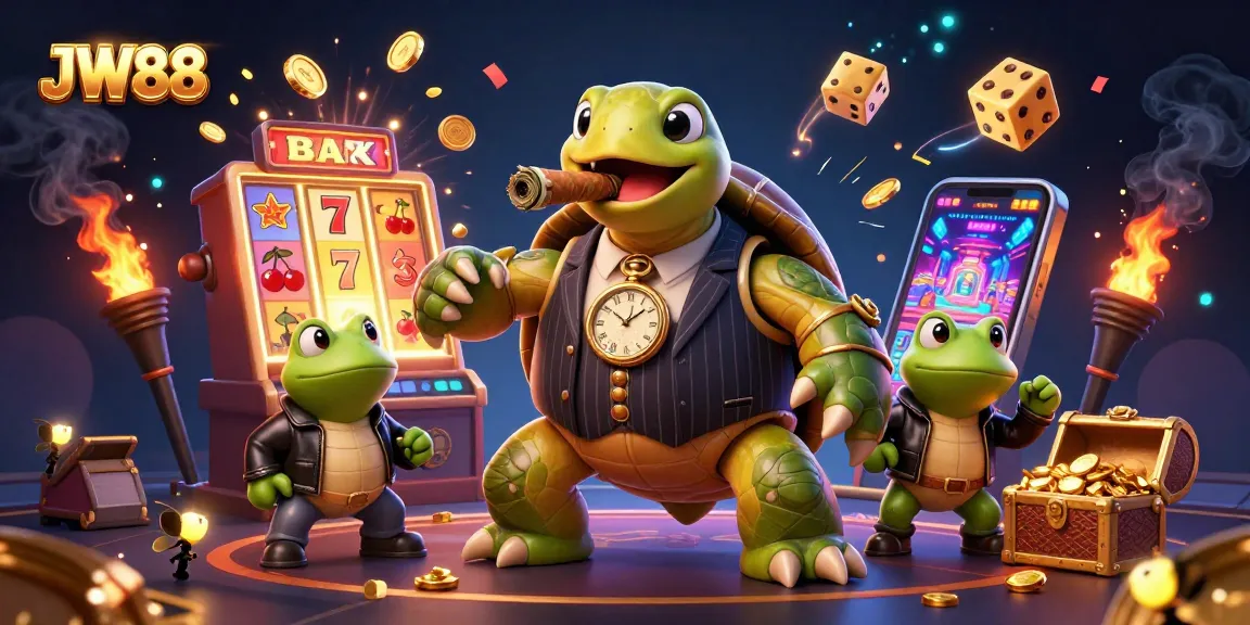 Engage in thrilling gameplay at JW88 with a vibrant scene of a mobster turtle and frog enforcers amid jackpot excitement.