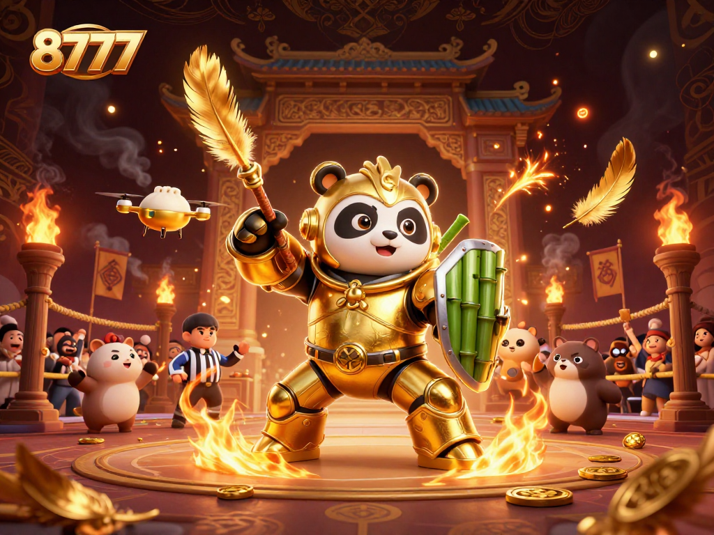 Engage with the excitement at 8777's casino with a colorful mech-suit panda in battle.