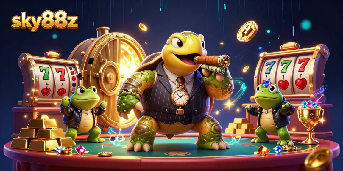 Join the fun at sky88z with a colorful casino scene featuring a massive snapping turtle and treasure elements.