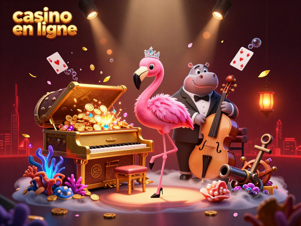 Le casino en ligne animé avec un chanteur flamant rose et un bassiste hippopotame, au milieu d'éléments de jeux de casino colorés.