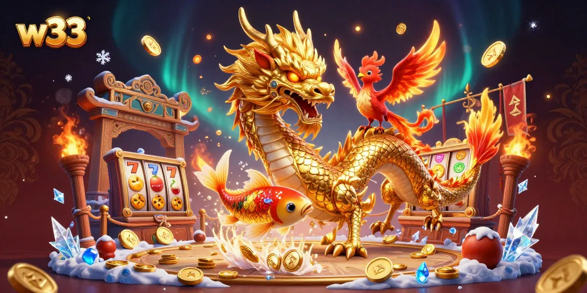Engage in thrilling w33 pokies with a powerful dragon and phoenix amidst a cascade of coins.
