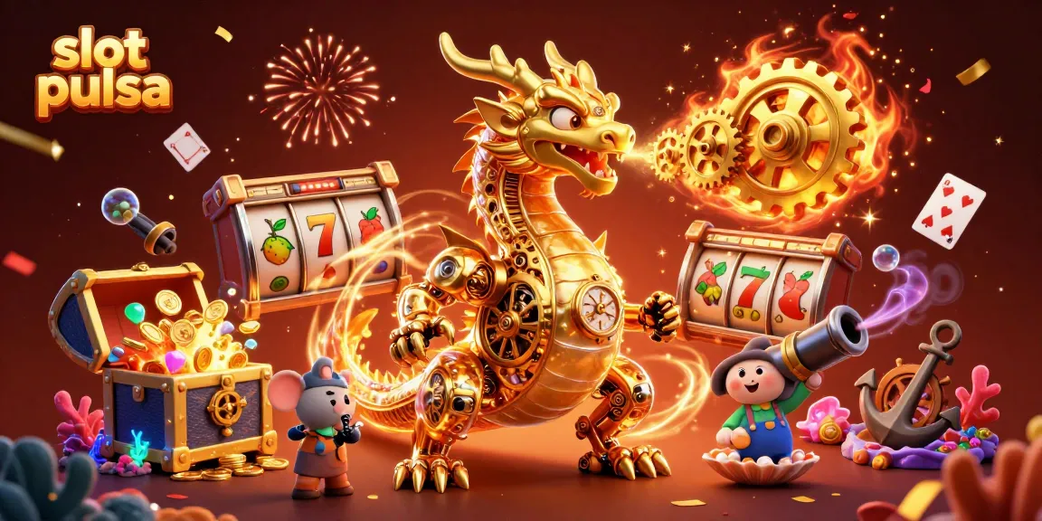 Engage in thrilling slot pulsa games with an imaginative dragon and vibrant gaming elements.