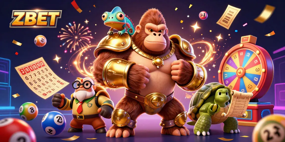 ZBET offers exhilarating gaming, showcasing an epic scene with colorful lottery elements and vibrant characters.