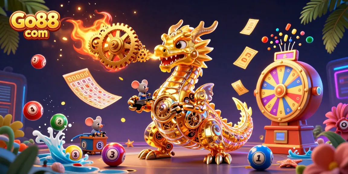 Engage in thrilling gameplay with Go88 com's vibrant golden dragon, colorful lottery balls, and dynamic gaming elements.