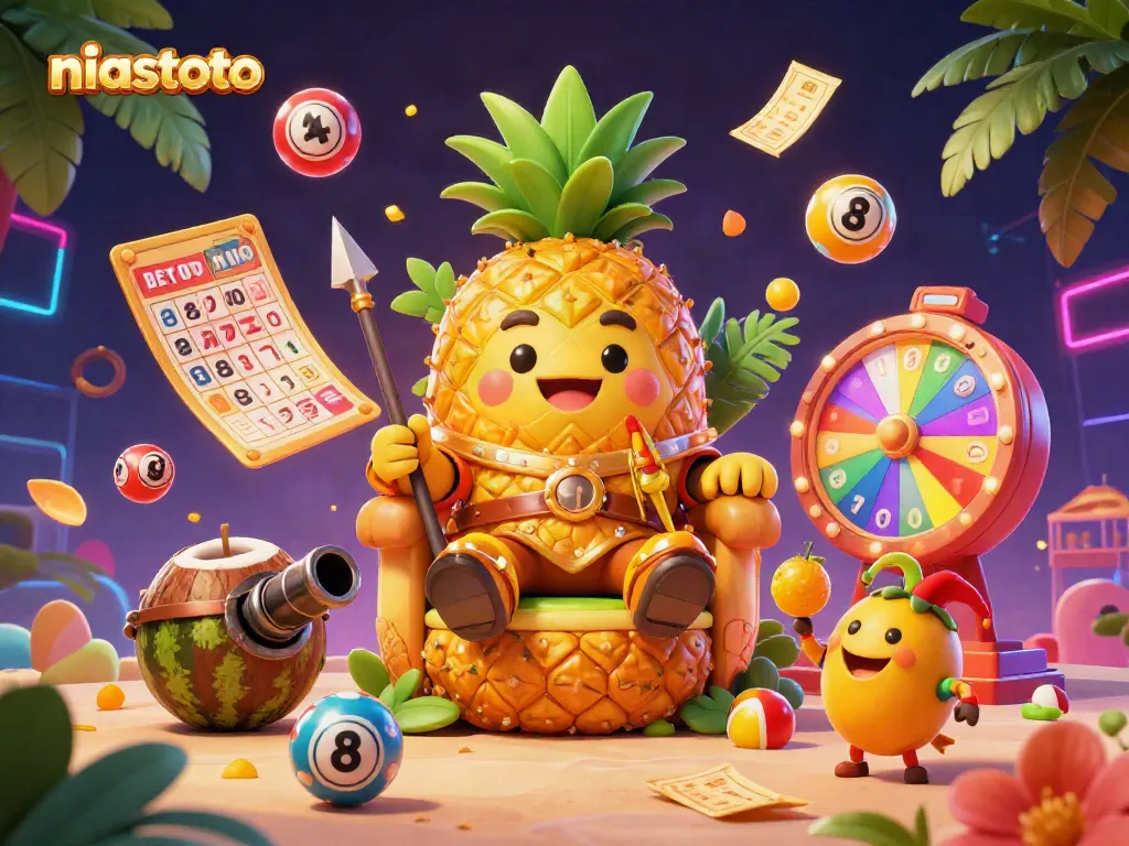 NIASTOTO gaming scene featuring a golden pineapple king and colorful lottery elements for dynamic engagement.