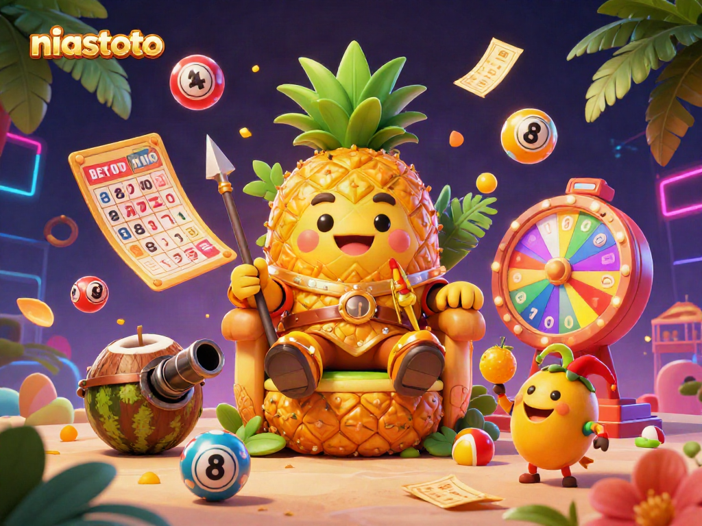 NIASTOTO gaming scene featuring a golden pineapple king and colorful lottery elements for dynamic engagement.