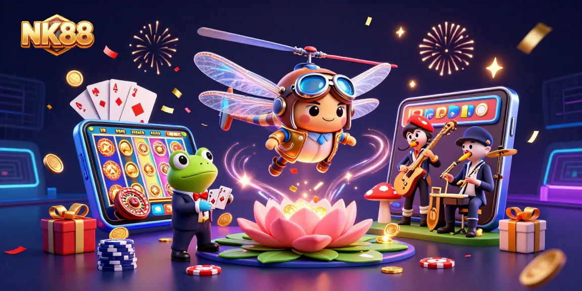 Experience the excitement of NK88 with a lively casino scene featuring a dragonfly pilot and a frog croupier.