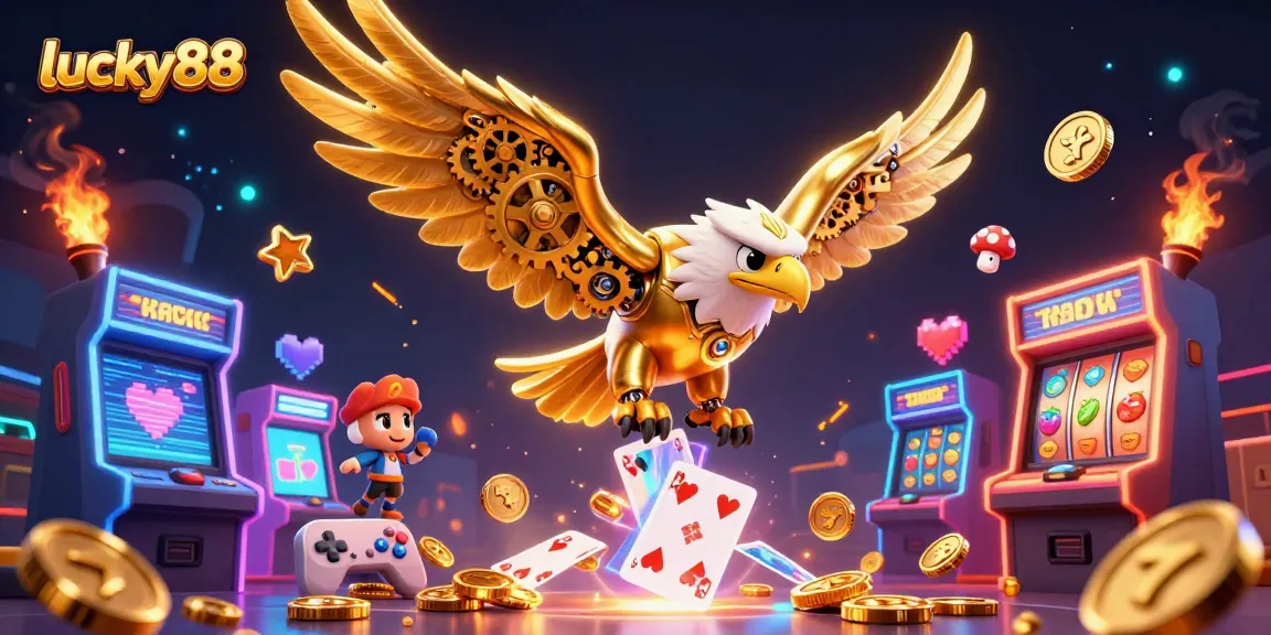 Experience the thrill of lucky88 with golden eagle diving through holographic cards amidst vibrant casino elements.