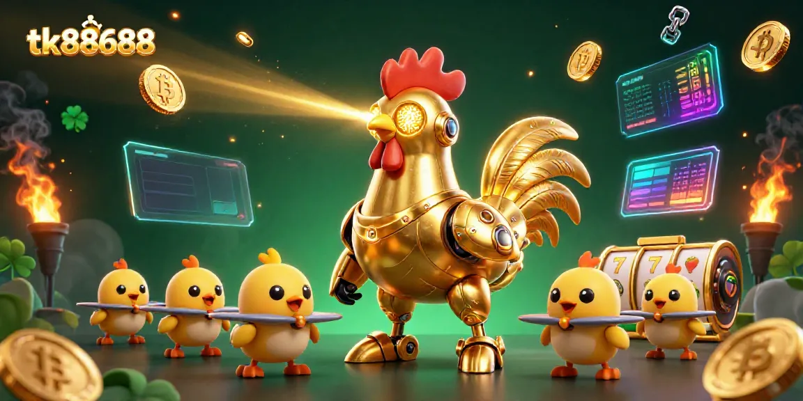 Engage with thrilling games at tk88688 featuring a futuristic rooster robot and cryptocurrency elements.