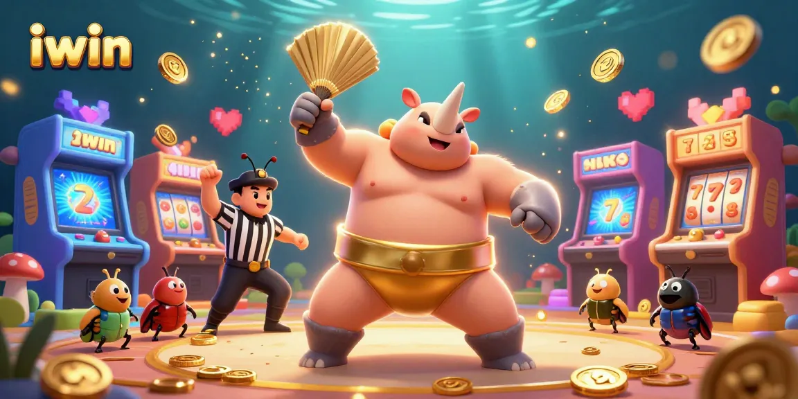 Engage with iwin Casino’s vibrant gaming scene featuring a beetle sumo stomping coins.
