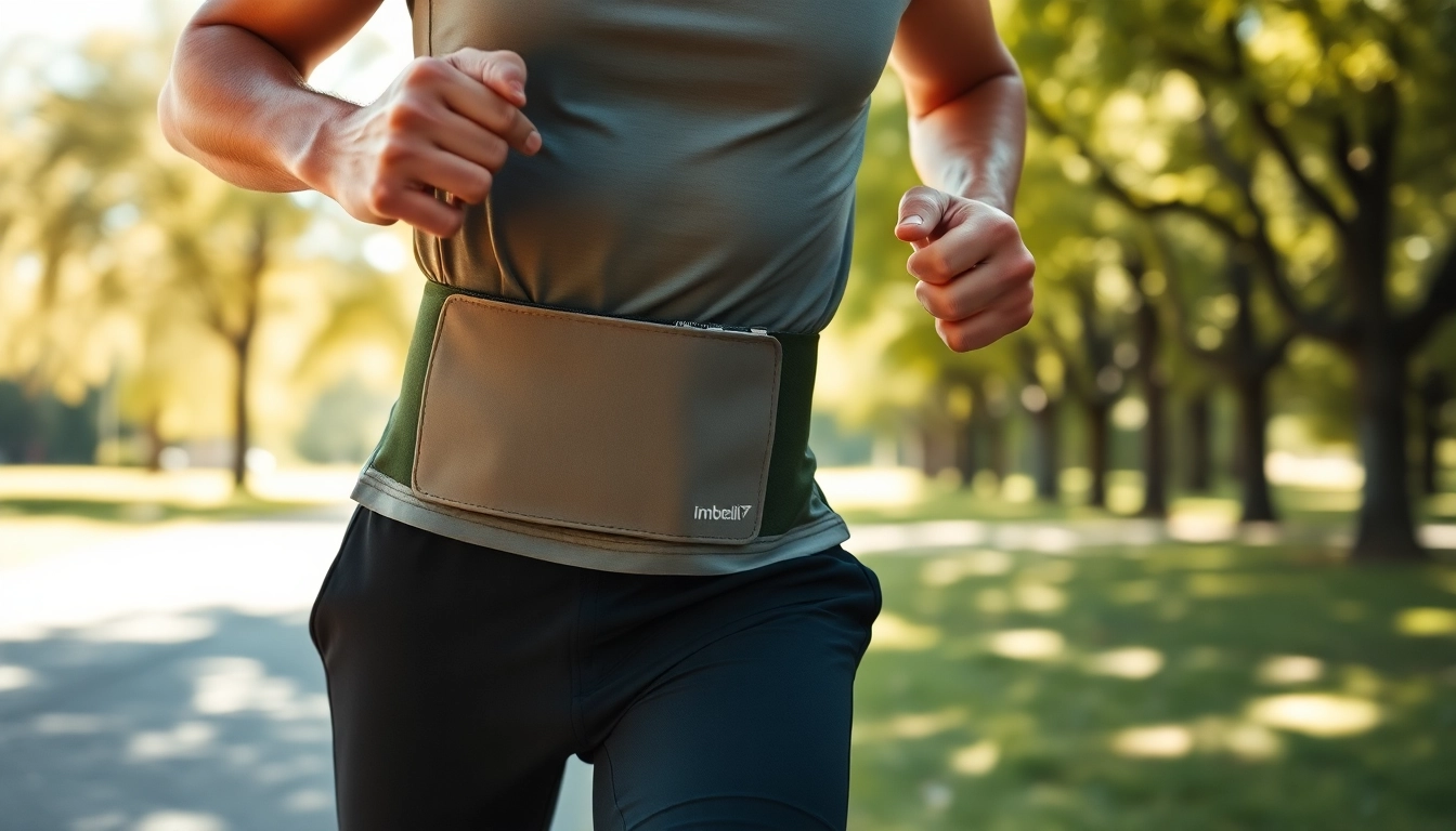Person wearing running belts while running in a scenic park showcasing energy and movement.