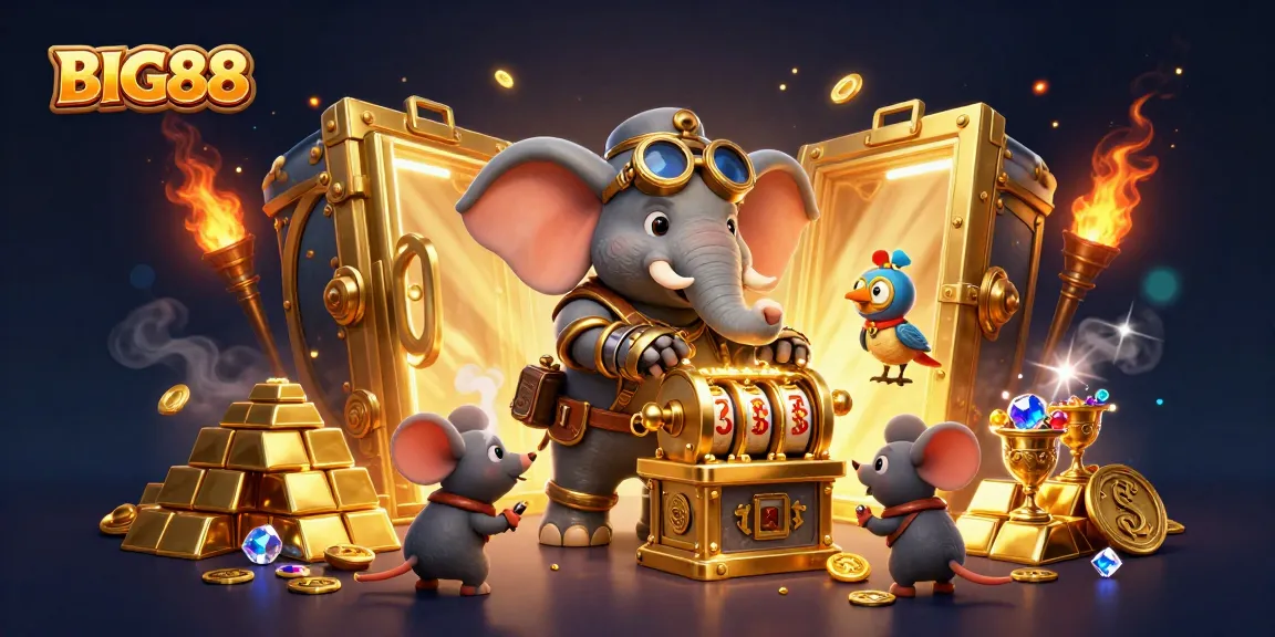 Experience the excitement of BIG88 as the steampunk elephant spins the slot machine amidst overflowing treasures.